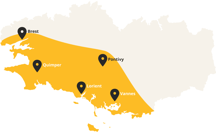 Carte de la zone d'intervention Bretagne Antennes. Couvre la Bretagne sud de brest, pontivy à Vannes